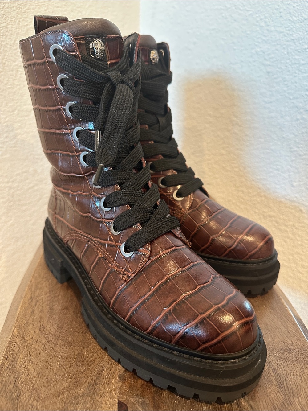NEW Kurt Geiger London Siva Wine Croc Leather Combat Boots - Size 36 EU / 6.5 US